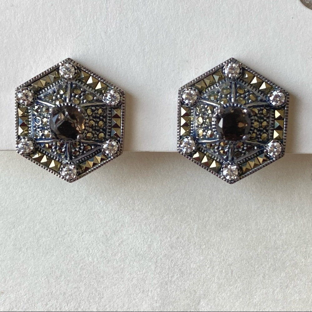 Vintage Judith Jack Gold Sterling Silver Marcasite Hexagon Clip On Earrings